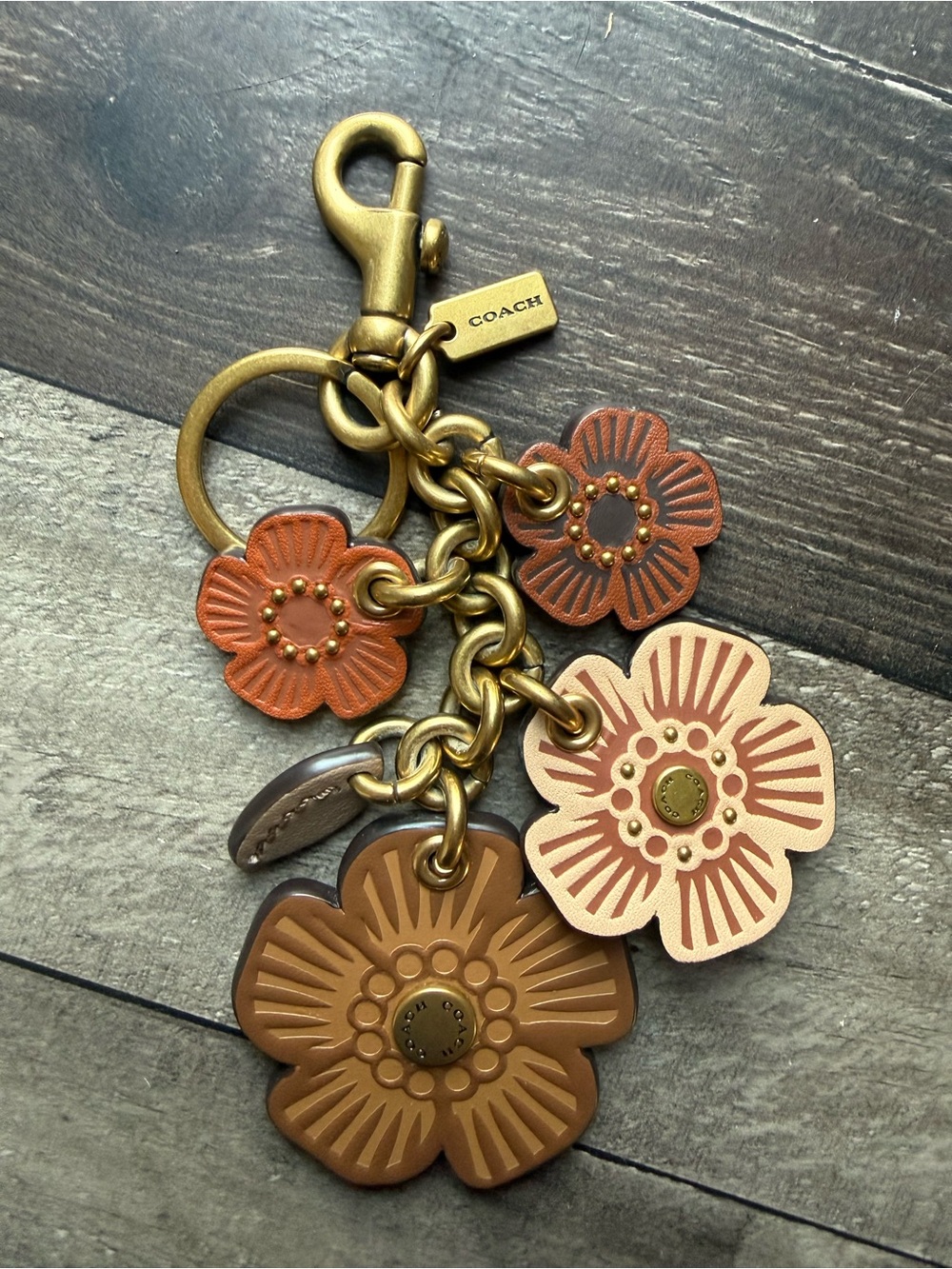 Coach Multi-Flower Leather Key & Card Holder Charm in Brown, Tan & Rust